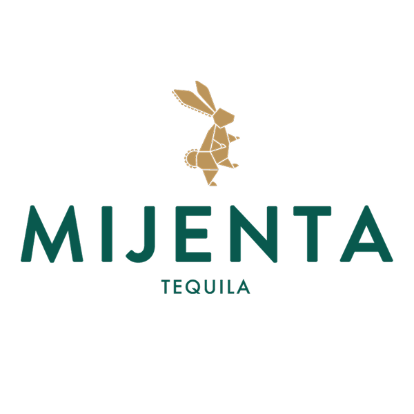 Logo for Mijenta Tequila featuring a stylized golden hare and green text.