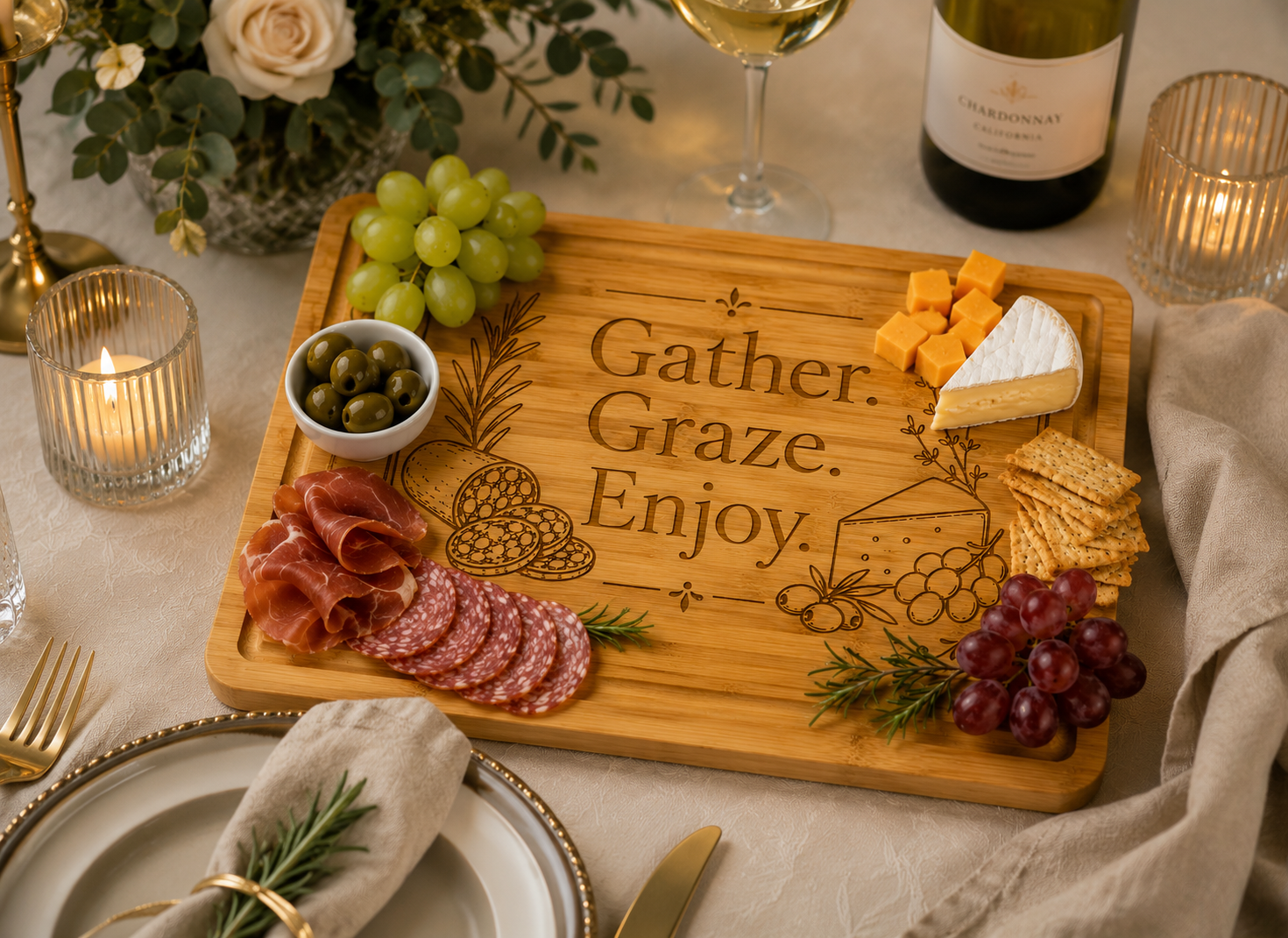 12x8 Engraved Bamboo Charcuterie Board | “Gather. Graze. Enjoy.” | Cheese Board | Serving Tray | Hostess Gift | Kitchen Décor