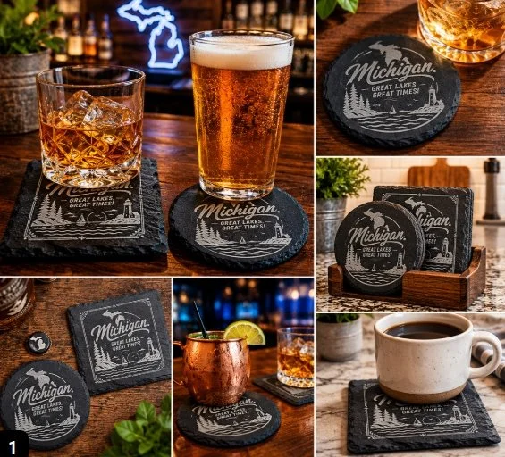 Michigan Slate Coasters, Great Lakes Great Times Coaster Set, Michigan Gift, Rustic Bar Coasters, Lake House Decor, Michigan Souvenir