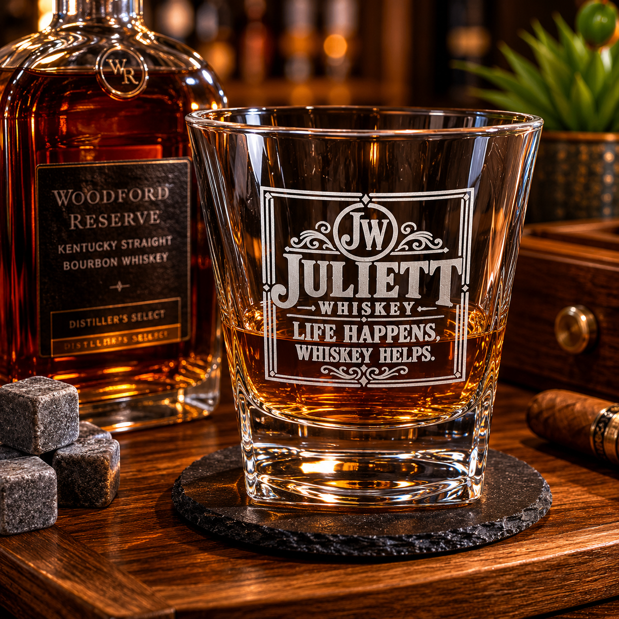 Engraved Whiskey Glass | Engraved  Bourbon Glass | “Life Happens, Whiskey Helps” |  Bar Glass | Gift for Whiskey Lovers