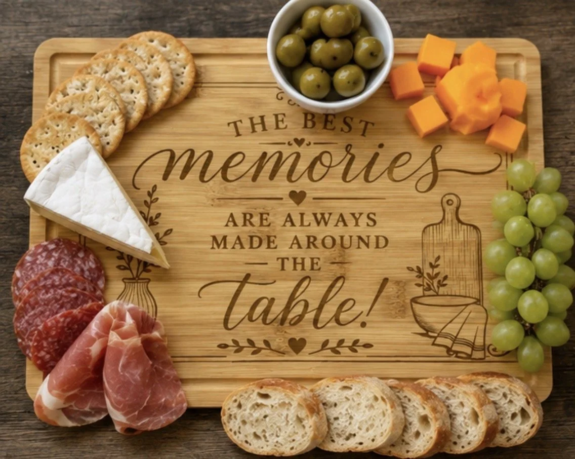 12x8 Engraved Bamboo Charcuterie Board | “The Best Memories Are Always Made Around the Table” | Personalized Serving Tray | Housewarming Gift | Cheese Board
