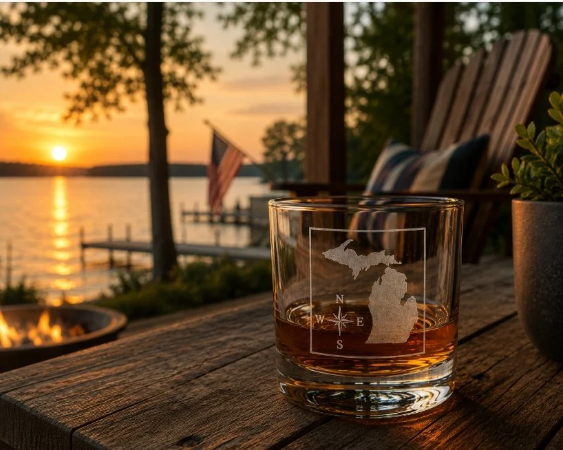 Michigan Whiskey Glass | Mitten State Compass Rocks Glass | Michigan Gift  | Lake House Barware | Etched Bourbon Glass