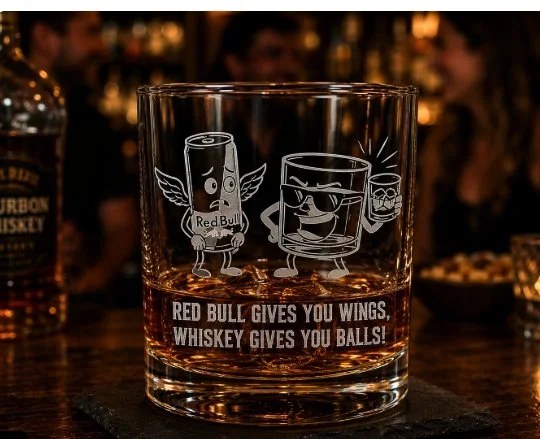 Funny Whiskey Glass | Red Bull Gives You Wings Whiskey Gives You Balls | Engraved Bourbon Glass | Gag Gift  | Barware Gift