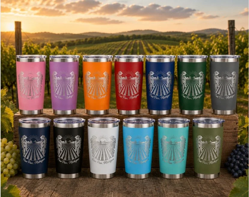 Paw Paw Michigan Engraved Tumbler 20oz | Vineyard Travel Cup | Michigan Wine Country Gift | Laser Engraved Stainless Steel Tumbler 20oz| Custom Drinkware