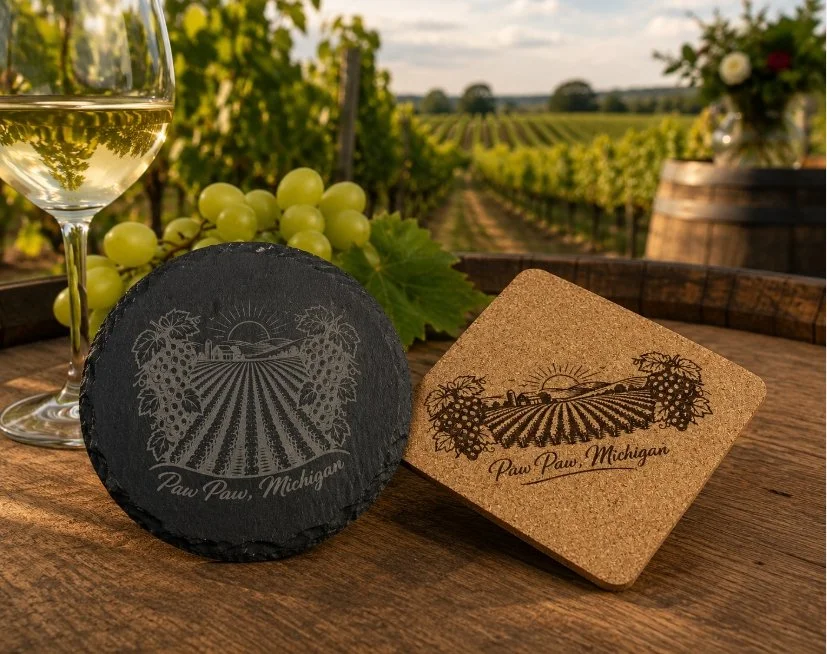 Paw Paw Michigan Vineyard Coasters, Wine Country Coaster Set, Engraved Slate & Cork Coasters, Michigan Wine Lover Gift, Vineyard Decor