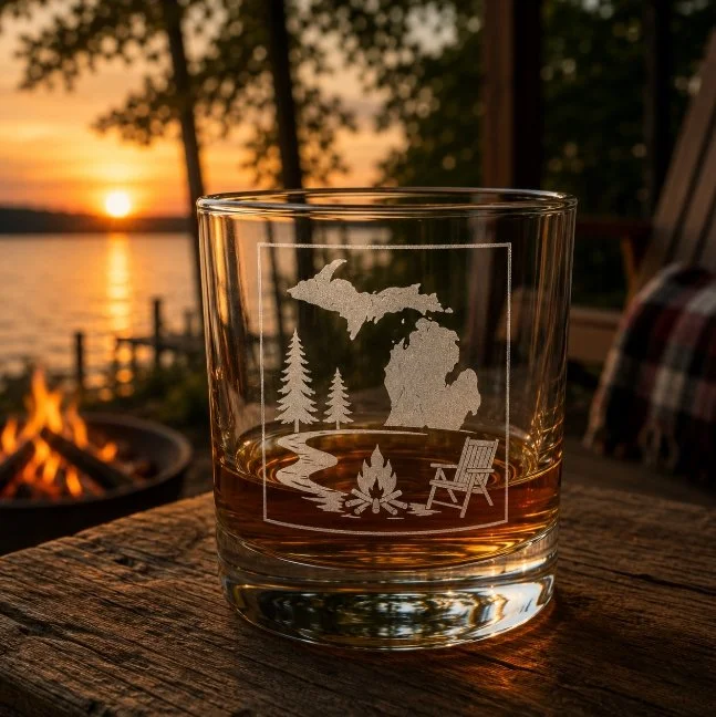 Michigan Campfire Nights Whiskey Glass | Engraved Rocks Glass | Michigan Gift | Cabin Barware | Bourbon Glass