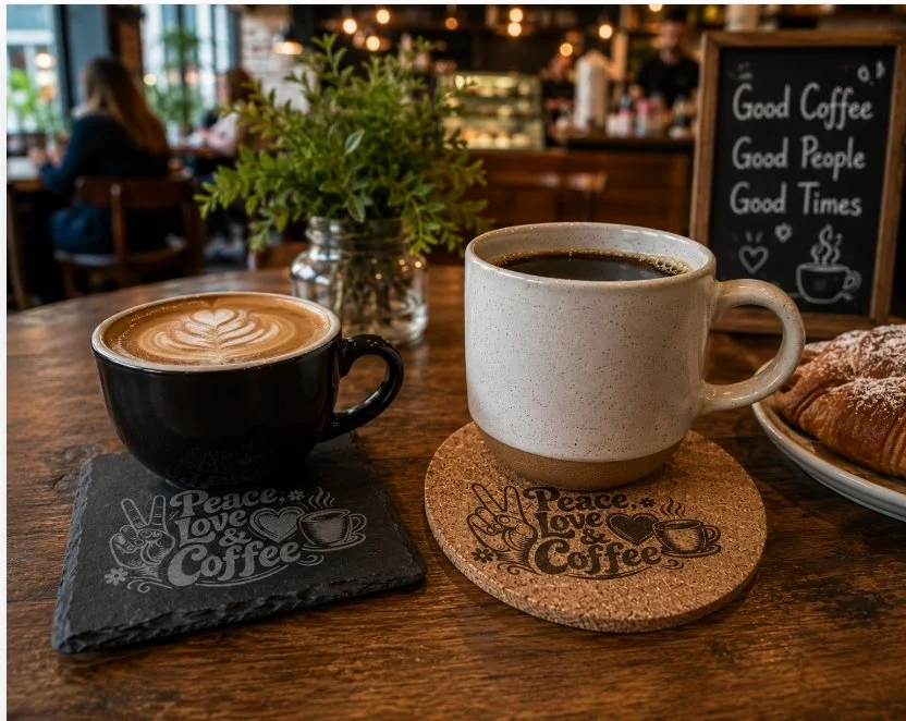 Peace Love Coffee Coasters, Coffee Lover Gift, Engraved Slate & Cork Coasters, Coffee Bar Decor, Kitchen Coasters, Coffee Station Accessories