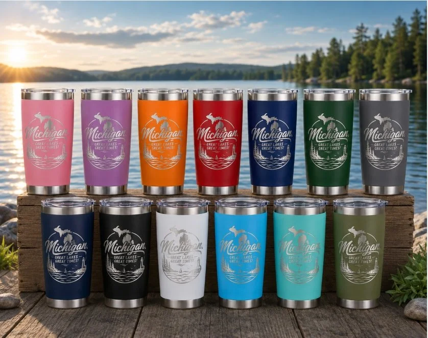 20 oz Michigan Engraved Tumbler | Great Lakes Great Times Travel 20oz Cup | Michigan Gift | Laser Engraved Stainless Steel Cup 20 oz | Michigan Lover Gift