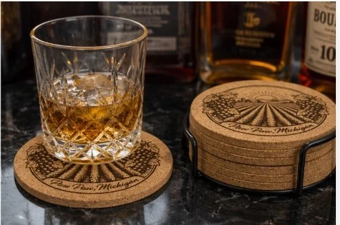 Paw Paw Michigan Vineyard Cork Coaster | Laser Engraved Wine Lover Gift | Rustic Farmhouse Décor | Michigan Winery Souvenir
