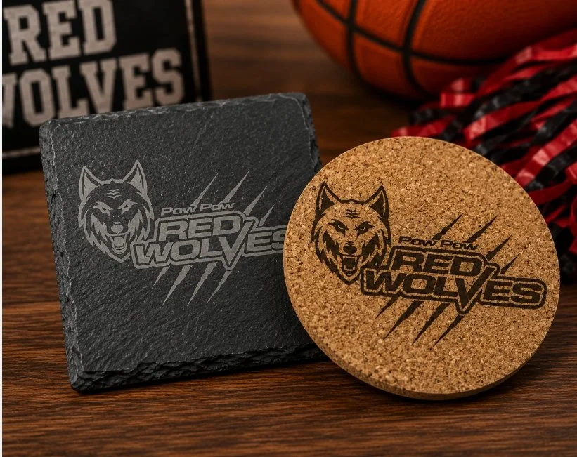 Paw Paw Red Wolves Coasters, School Spirit Coaster Set, Engraved Slate & Cork Coasters, Team Pride Gift, Sports Fan Decor, Custom School Gift
