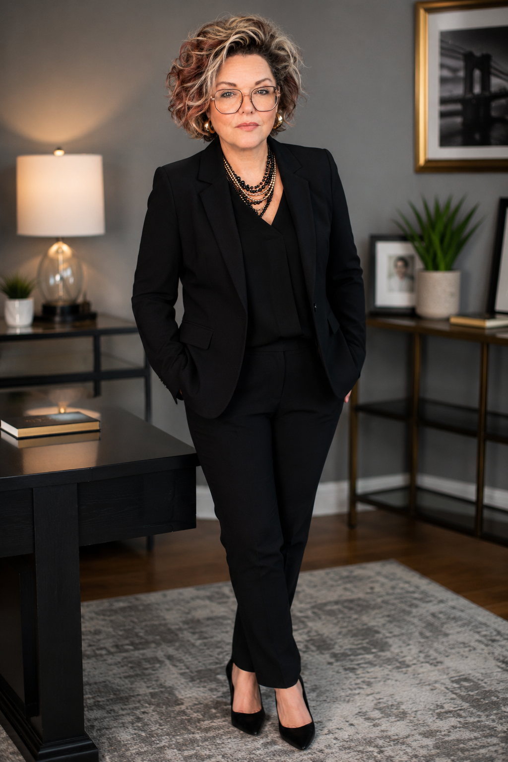 A woman in a black business suit standing in a modern office, hands in pockets, with a neutral expression.