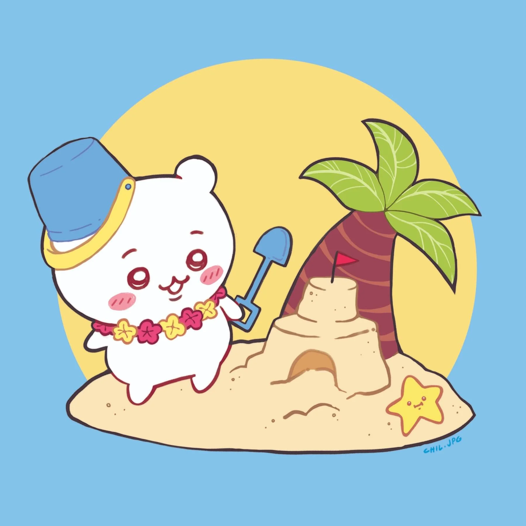 Summer time chiikawa 🌴☀️ my contribution to the Summer Chiikawa Stamp Rally at Brookcon 2026! Super happy with how this one came out; I&rsquo;m kinda tempted to make it a series?? 👀
.
.
.
.
.
#chiikawafanart #chiikawa #summertime #fanartillustratio