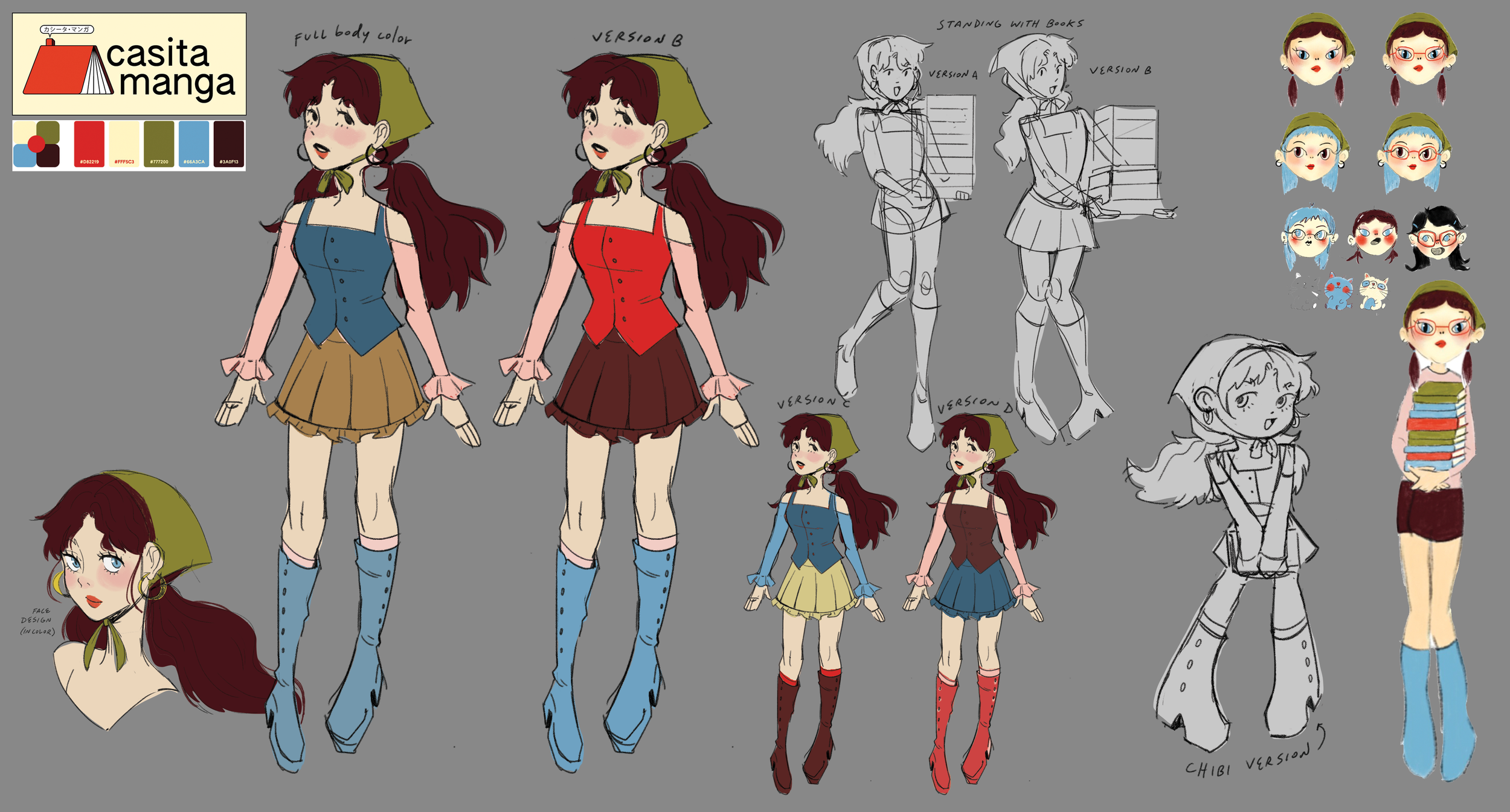 Further development including color comps and initial sketches of poses