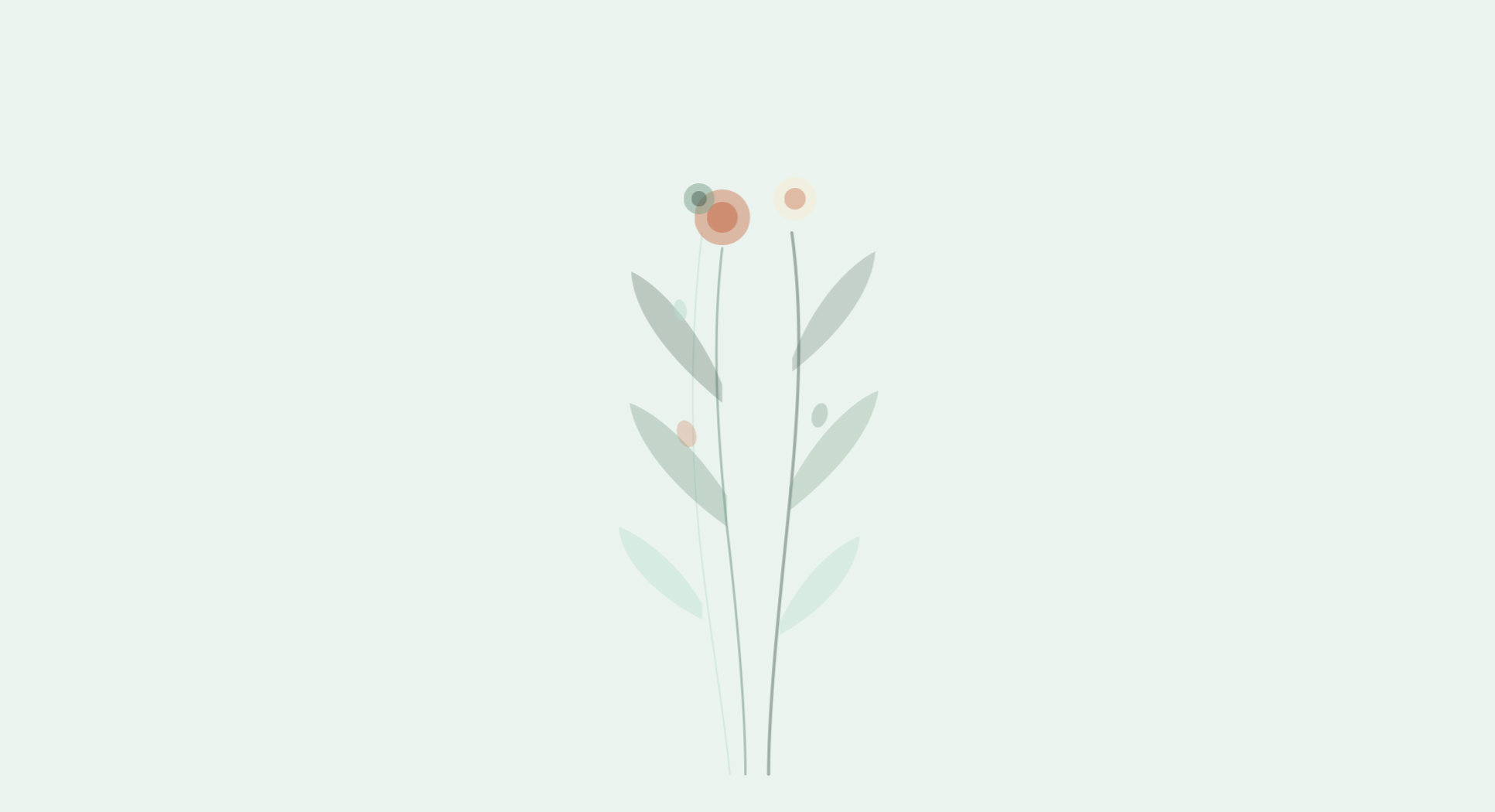 Minimalist illustration of a delicate flower with three stems, leaves, and small colorful blooms on a pale green background.