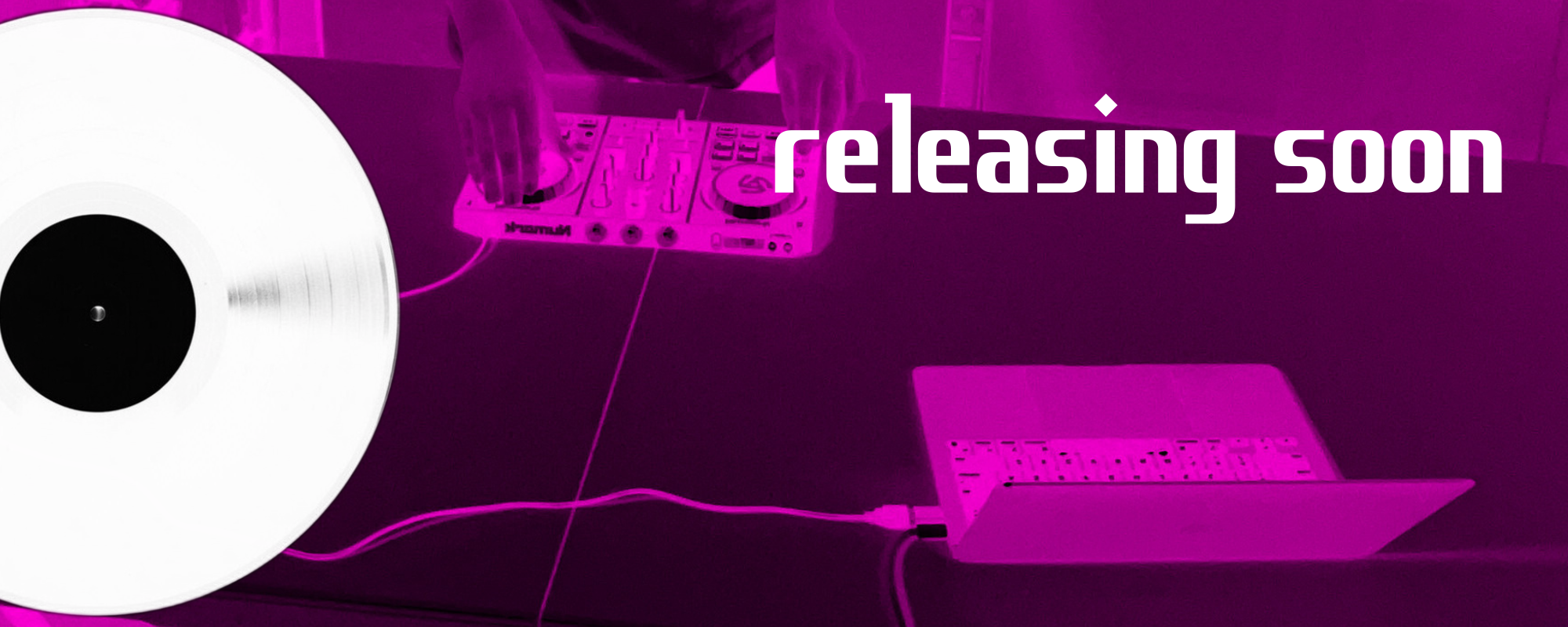 DJ mixing music with a laptop and vinyl records, overlaid by a large white vinyl record graphic and the text 'releasing soon' in bold white letters.