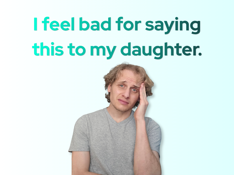 Author Robert Biehn rests his head in his hand with a pained expression, beside the words "I feel bad for saying this to my daughter."