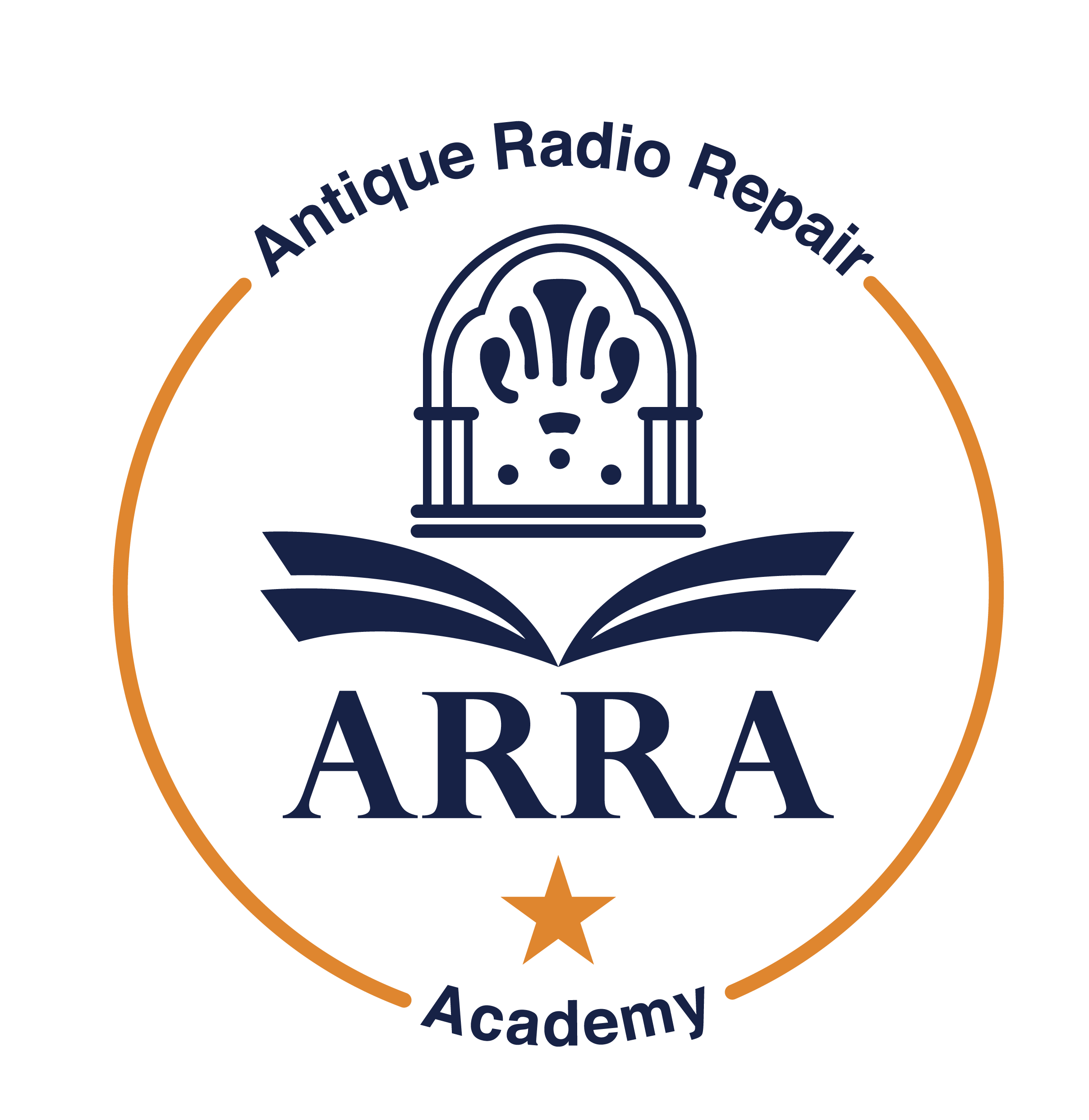 Logo of ARRA Antique Radio Repair Academy featuring an open book, a vintage radio behind the book, and a star below, with the text 'Antique Radio Repair' at the top and 'Academy' at the bottom, enclosed in a semicircular orange border.