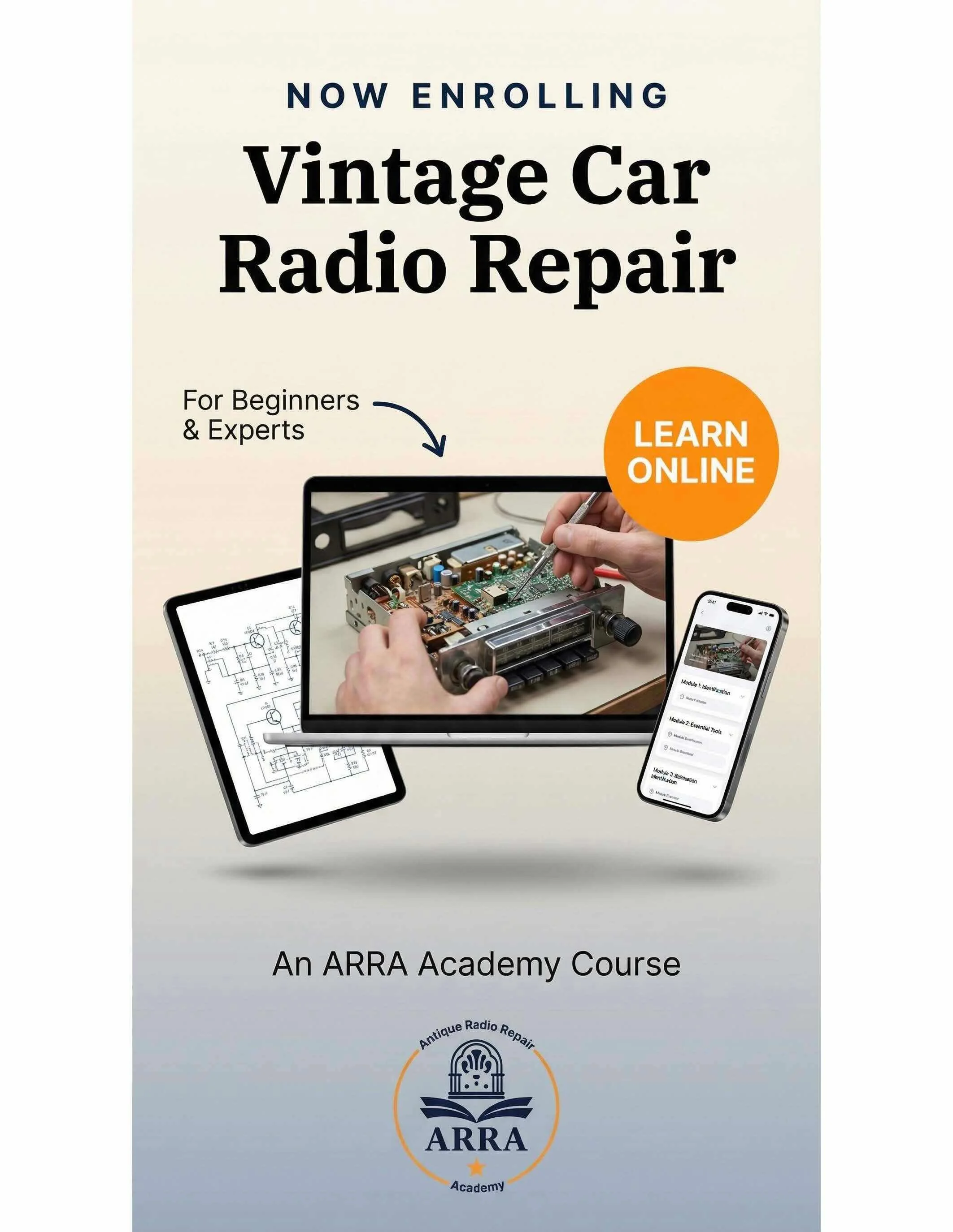 Vintage car radio repair course logo