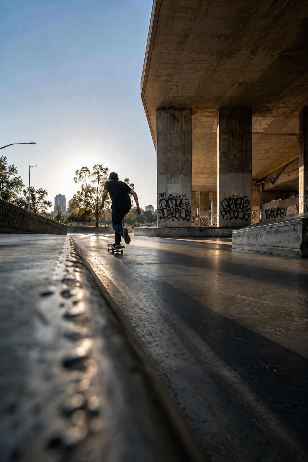 Skateboarder rolling through a concrete urban skate spot beneath an overpass in early morning light.