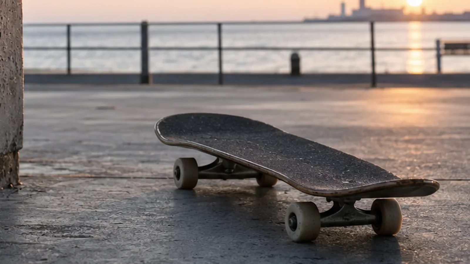 Worn skateboard resting on concrete beside a quiet British seafront at sunrise.