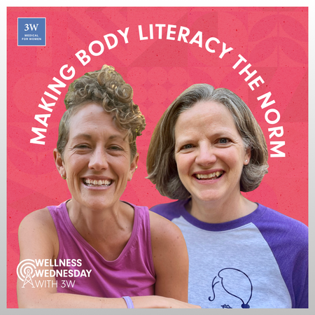 Two women smiling, one wearing a pink sleeveless top and the other wearing a blue and purple shirt, against a pink background with text about making body literacy the norm.