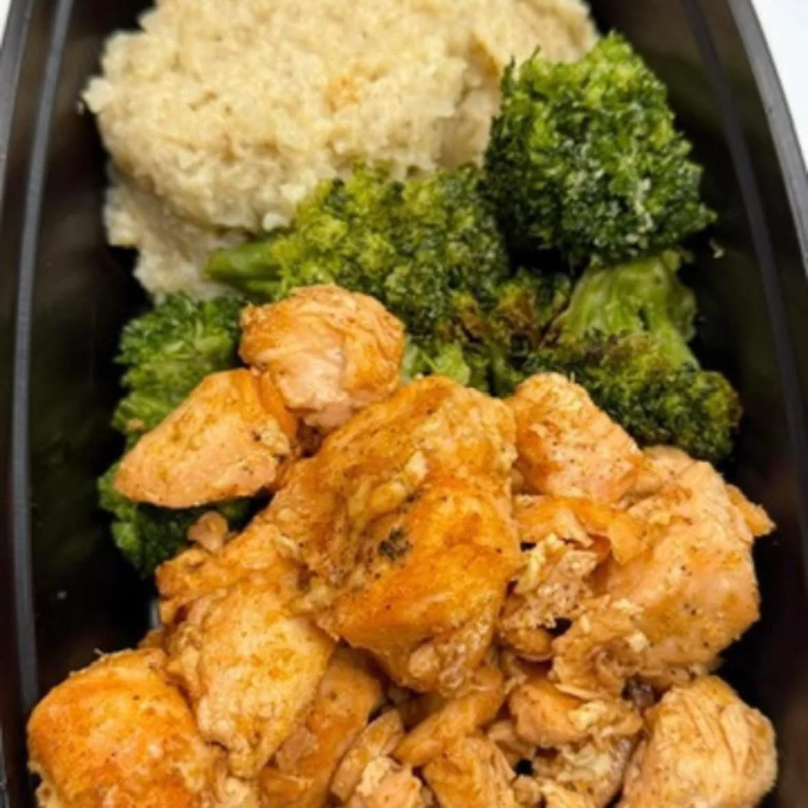 Crispy Honey Salmon Bites with Cauliflower Risotto & Roasted Broccoli