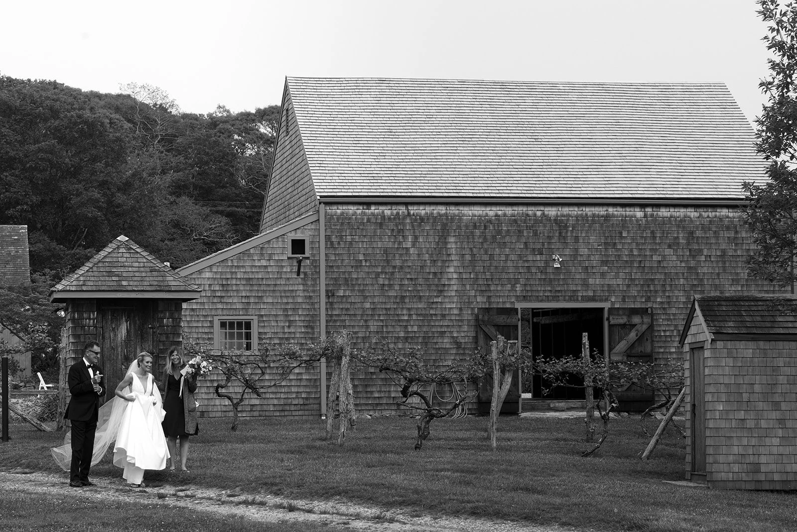 Black and white photo of a bride and groom with a woman standing outside a rustic barn. The groom is wearing a tuxedo, the bride is in a wedding dress, and the woman holds a bouquet. The barn has wooden shingles and several small trees or vines in fr