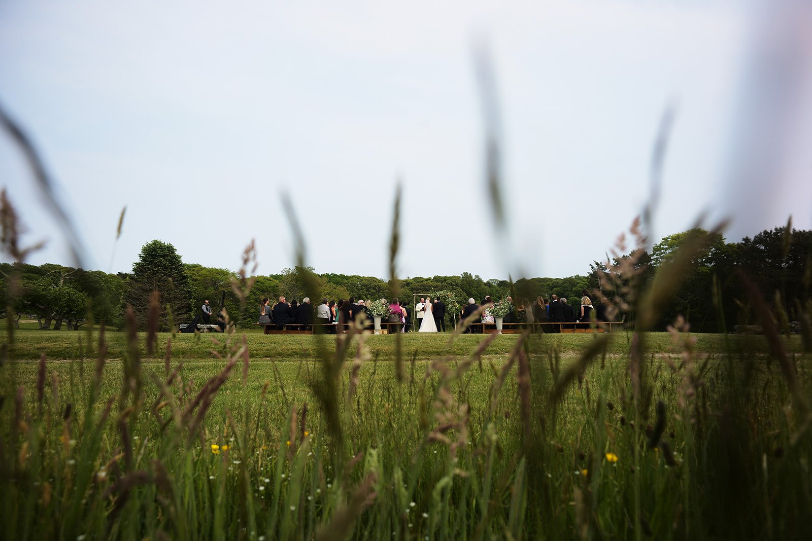 Outdoor wedding ceremony with guests seated on benches, bride and groom at the altar, surrounded by lush greenery and trees, seen from a low angle through tall grass in the foreground.