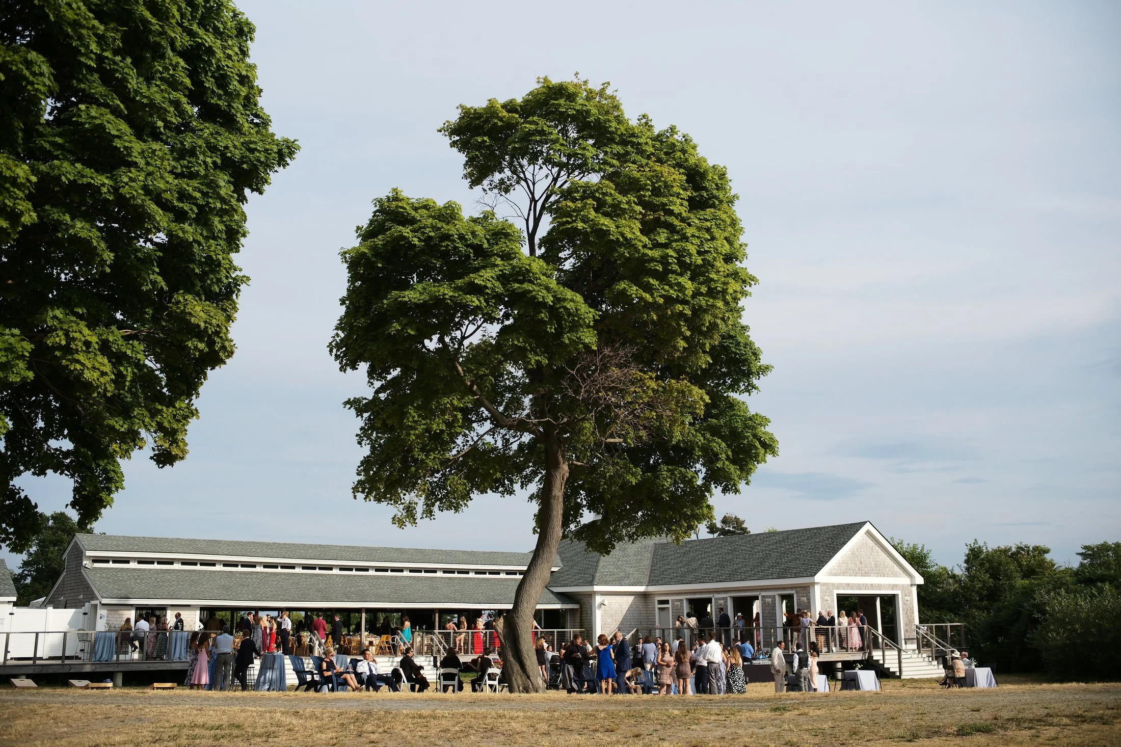 An outdoor wedding reception with guests mingling on a deck in front of a white building, surrounded by large trees and a grassy area.