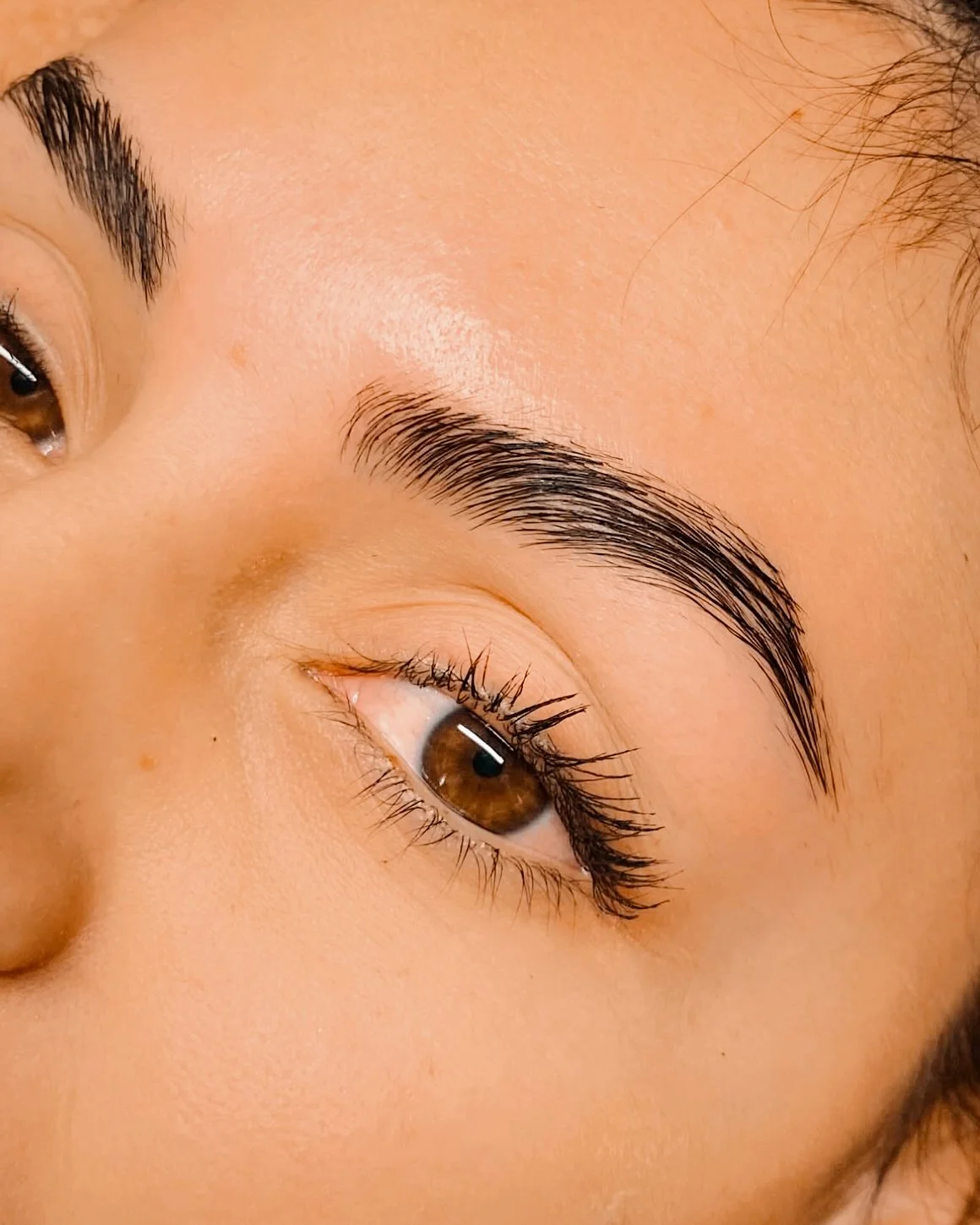 Close-up of a person's eye with brown iris, well-groomed eyebrows, and long eyelashes.