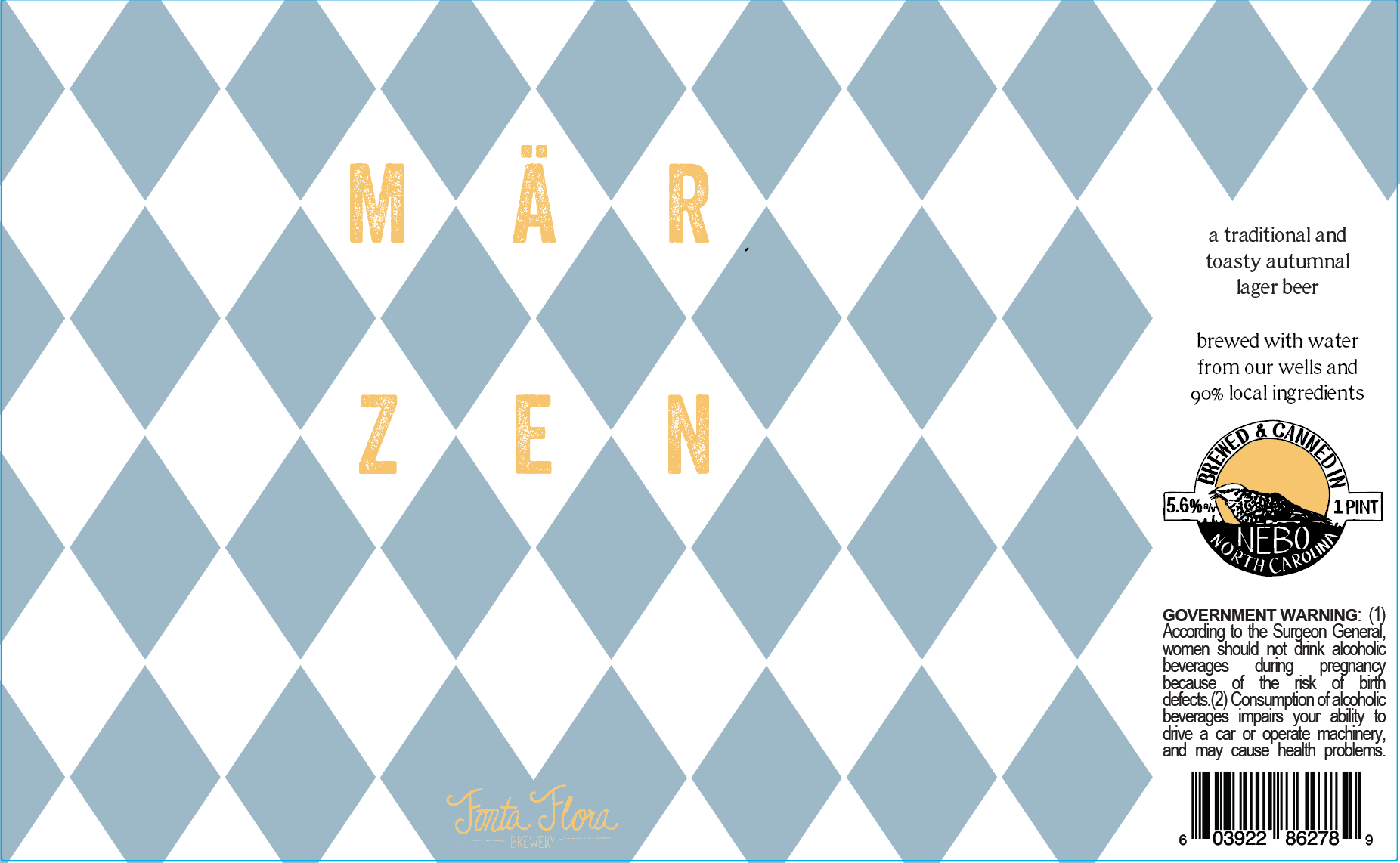 A beer label with a light blue diamond pattern background, the word "MARZEN" in large yellow text, and an orange circular logo with a black bird that says "Brewed & Canned in NEBO North Carolina 5.6% 1 Pint." There is also a government warning about alcohol consumption and a barcode.