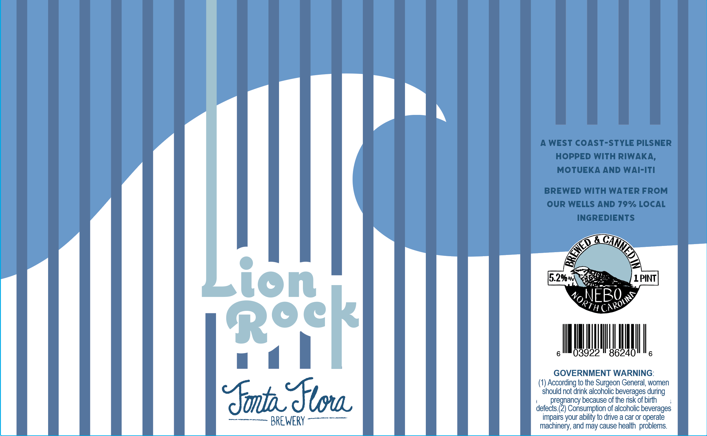 A blue beer label with white vertical stripes. The label features the name 'Lion' and mentions a West Coast-style pilsner brewed with Riwaka, Motueka, and Wai-iti hops, with 5.2% alcohol content, from Fonta Flora Brewery in North Carolina. There is a government warning about alcohol consumption.