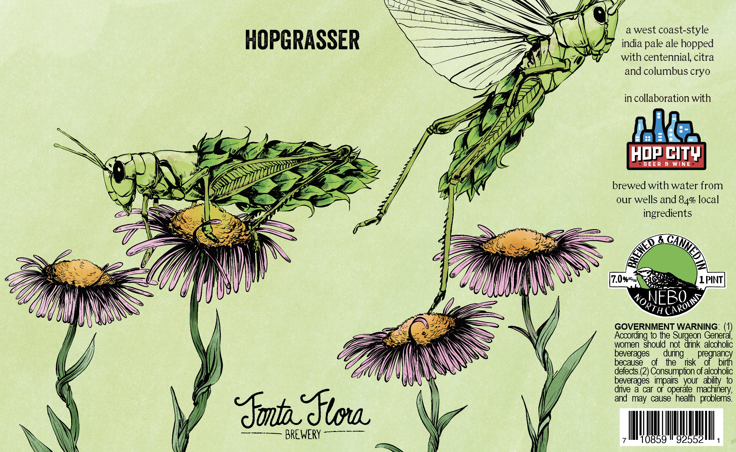Illustration of a hop plant with several hop cones and leaves, promoting Fanta Flora brewery's hopgrasser beer, an India Pale Ale brewed with water from wells and 84% local ingredients, in collaboration with Hop City Beer & Wine.