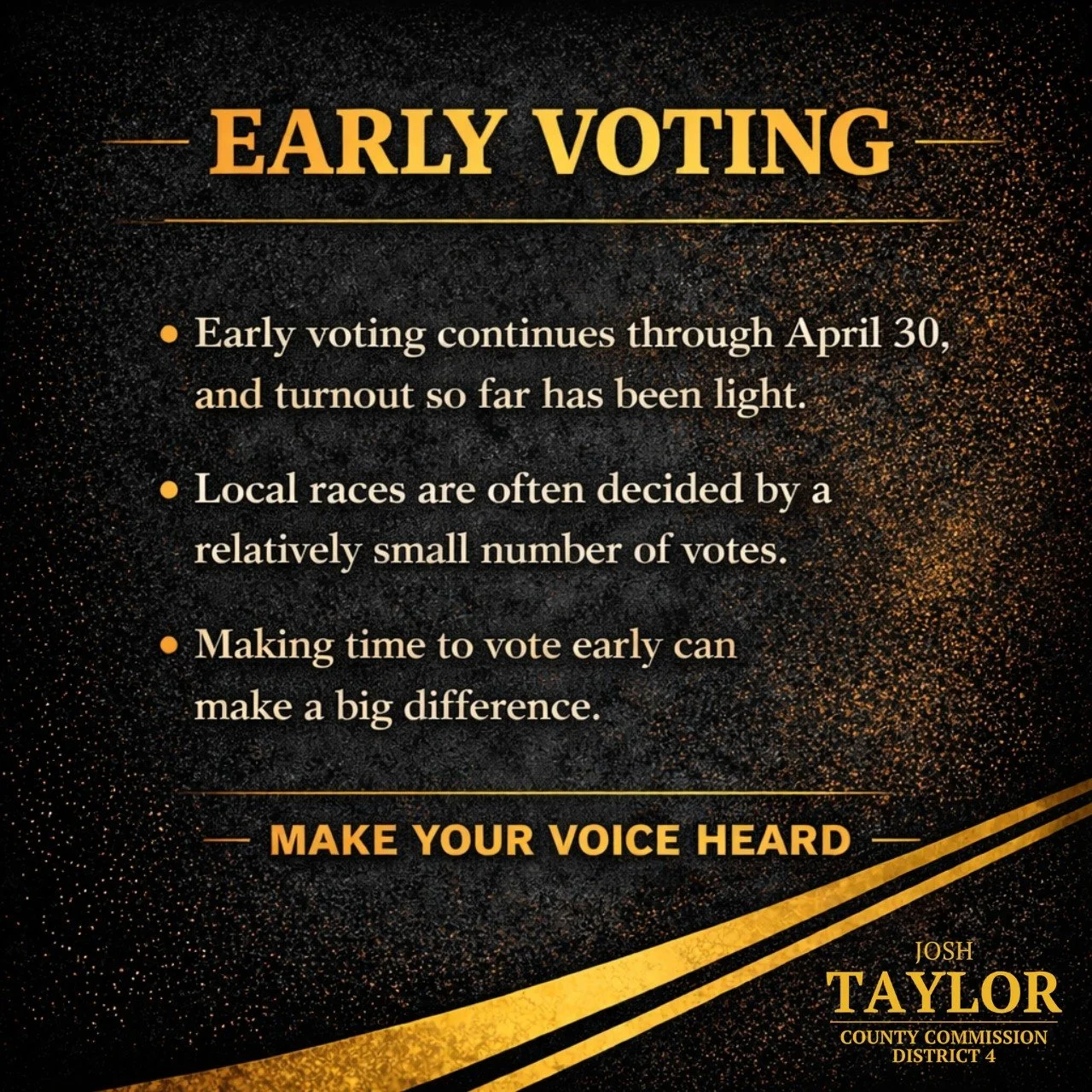 Don't forget, Early Voting is going on now until April 30th!

Turnout so far has been light. In local elections, that matters. These races are often decided by a relatively small number of votes, which means participation really does make a differenc