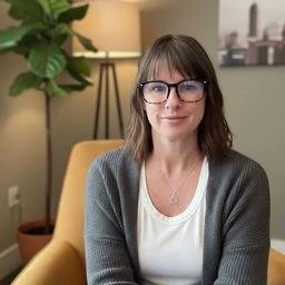 A woman with shoulder-length brown hair and glasses, sitting on a yellow armchair in a living room, with a houseplant and a framed picture in the background.