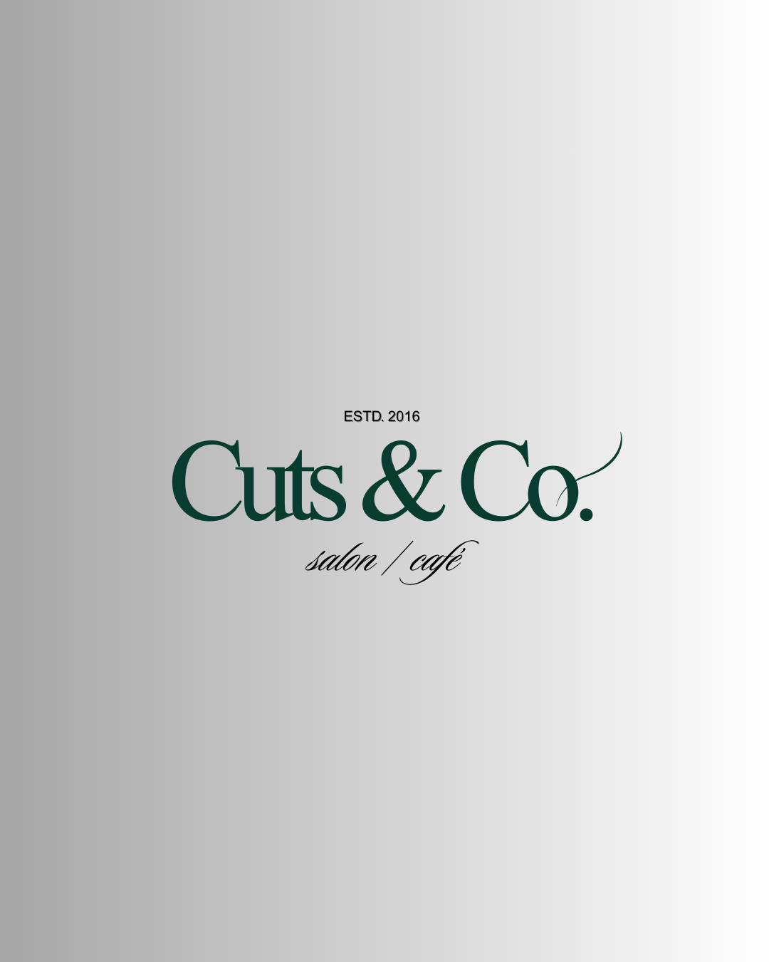 The logo of Cuts & Co., a salon and café established in 2016, on a gradient background.
