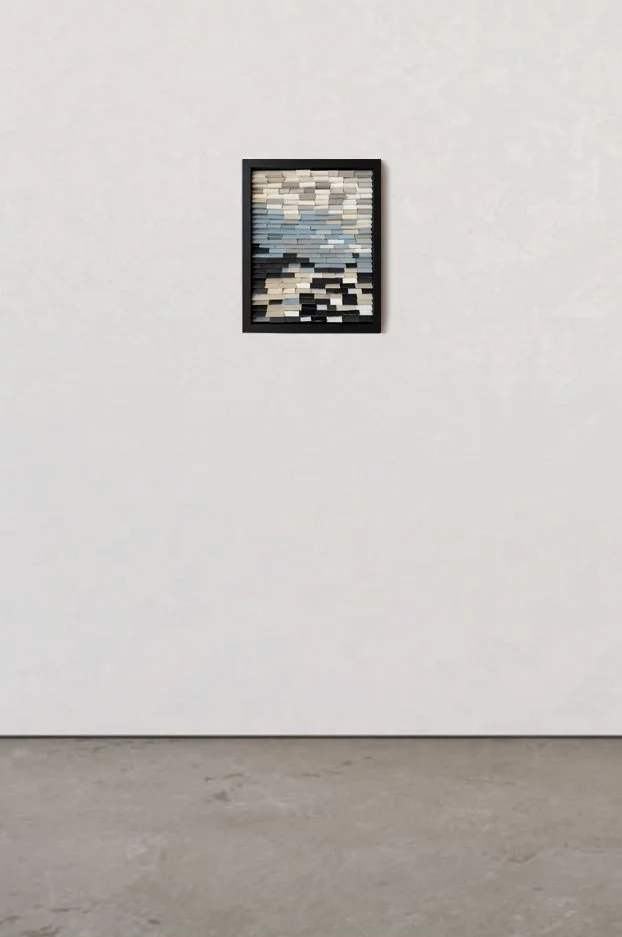 Minimalist neutral art in blue, beige, white and black shades inspired by Hawaii / Maui, Coral, Lava, Sea, Ocean, Water. Modern abstract textured wall art, made of reclaimed paint swatches. Arist based in Vernon, BC, Canada.