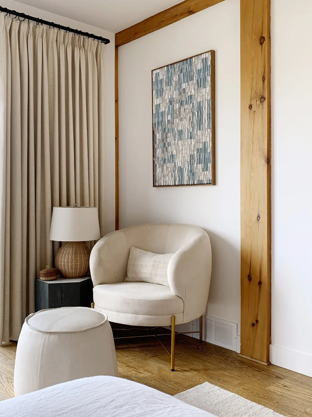 Modern abstract textured wall art, made of reclaimed paint swatches. Arist based in Vernon, BC, Canada. Blue, beige and white wall art, and wooden accents. Mixed media abstract, sculptural, dimensional, relief, recycled.