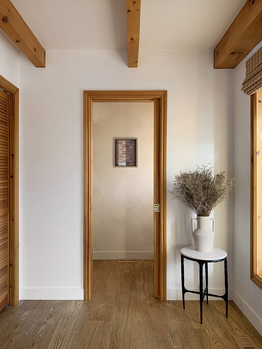 Artwork powder room, entry, hallway, Abstract textured wall art, made of reclaimed paint swatches. Arist based in Vernon, BC, Canada.