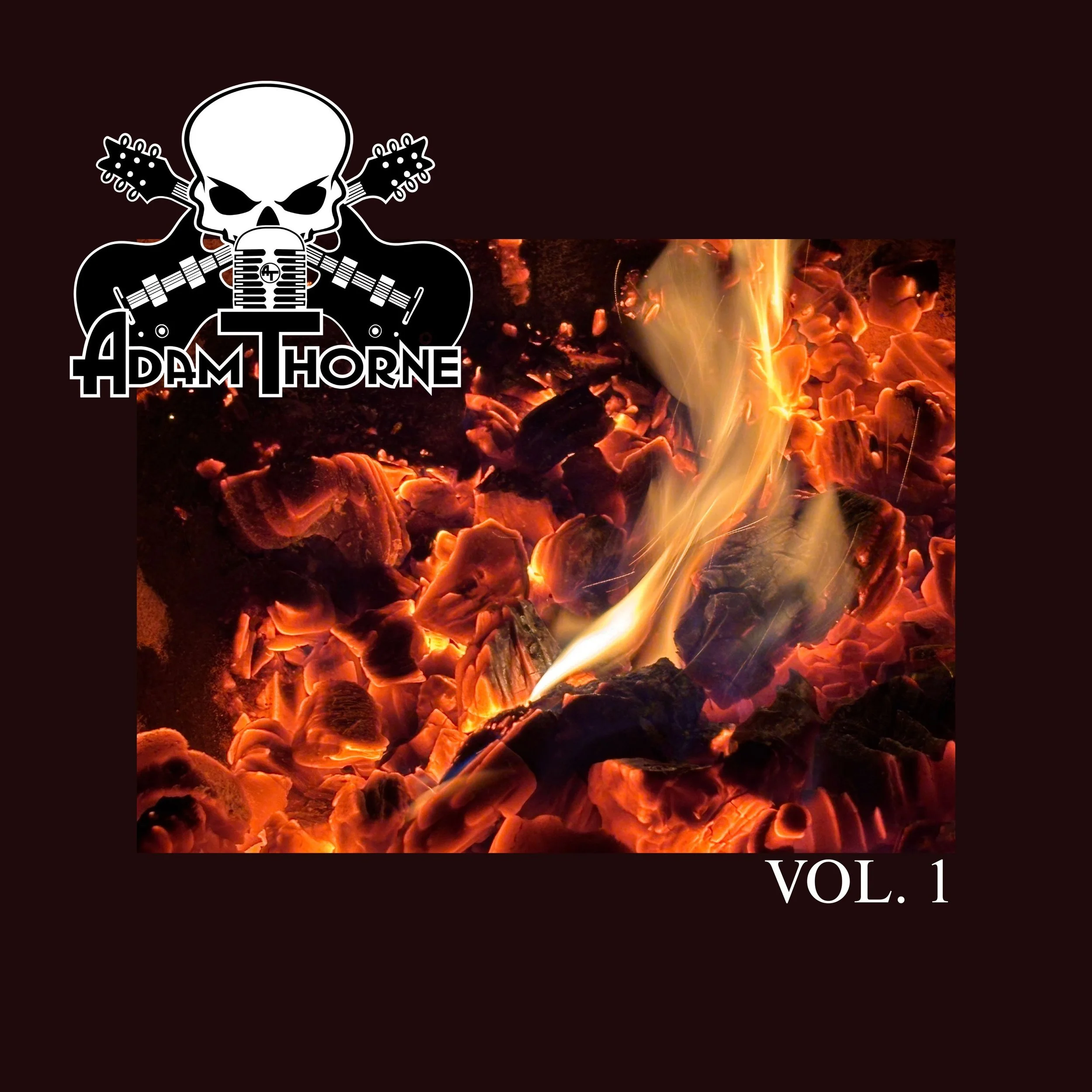 A digital graphic featuring a human skull with crossbones, guitar necks, and a microphone, along with a background of glowing embers or burning wood. Text on the image reads 'VOL. 1' in the bottom right corner.