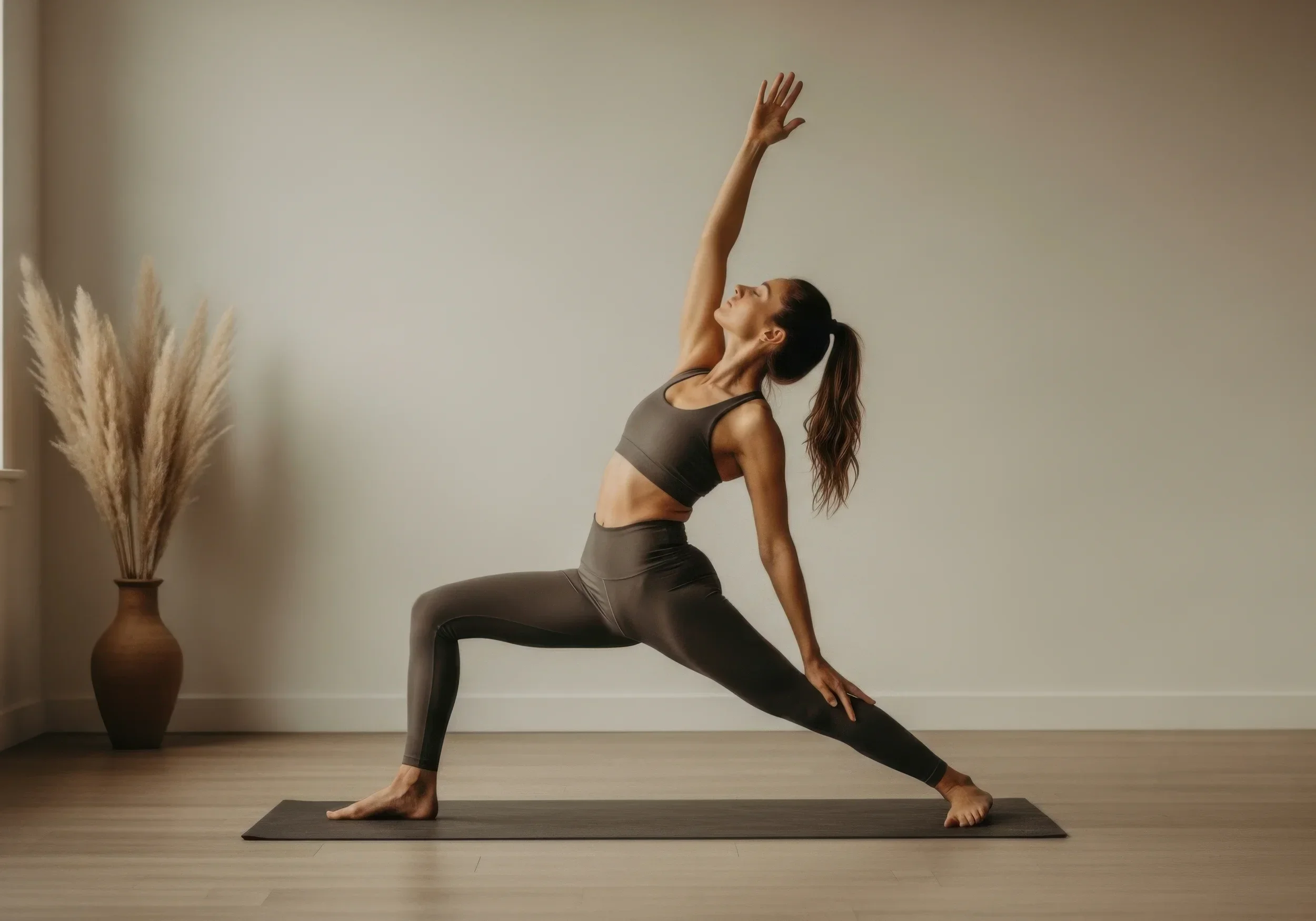 A woman practicing yoga indoors, performing a side stretch on a yoga mat, with a neutral-colored wall and a decorative vase with pampas grass beside her.