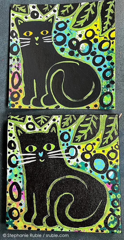 2 almost identical paintings: black cat with green heart nose, smile, and outline, yellow-orange eyes, and grey whiskers sitting & look at viewer. Background has colorful splotches, with black circles and dots. Stephanie_Ruble_ cat art_animal art