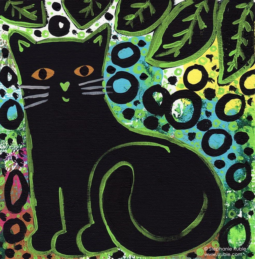 black cat with green nose surrounded by leaves, colors, and black circles