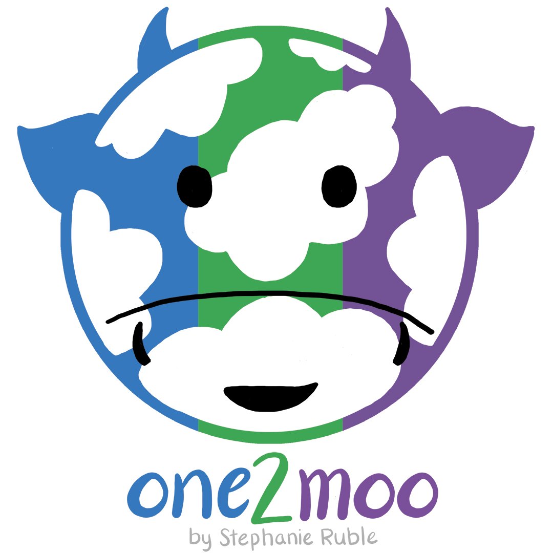 drawing of a smiling cow face, with colorful vertical stripes of blue, green, and purple, with white spots all over, and text below, "one2moo by Stephanie Ruble" (one is blue, 2 is green, moo is purple, and by Stephanie Ruble is grey)