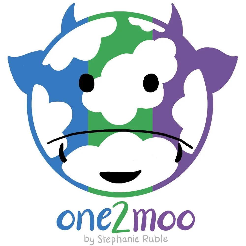 drawing of a smiling cow face, with colorful vertical stripes of blue, green, and purple, with white spots all over, and text below, "one2moo by Stephanie Ruble"  (one is blue, 2 is green, moo is purple, and by Stephanie Ruble is grey)