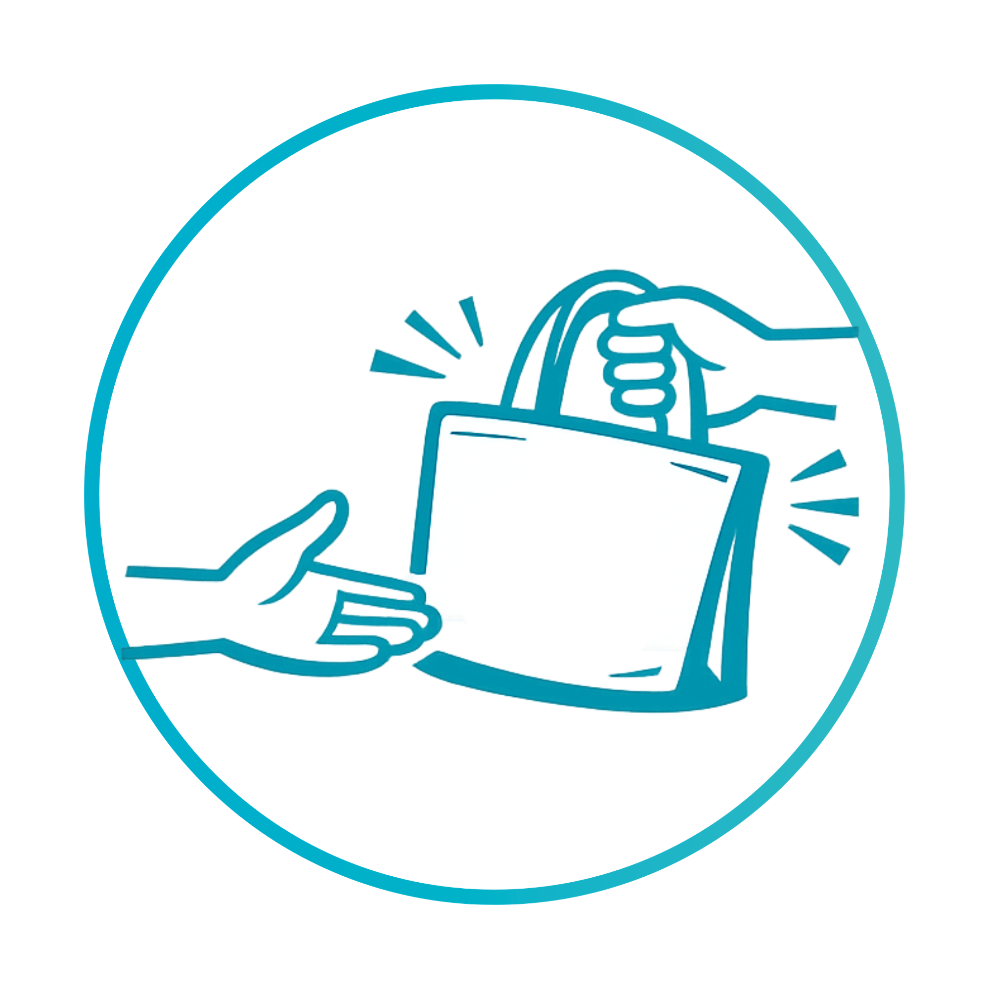 Illustration of a hand pointing at a computer screen with a shopping bag and pulsating lines, representing online shopping or e-commerce.