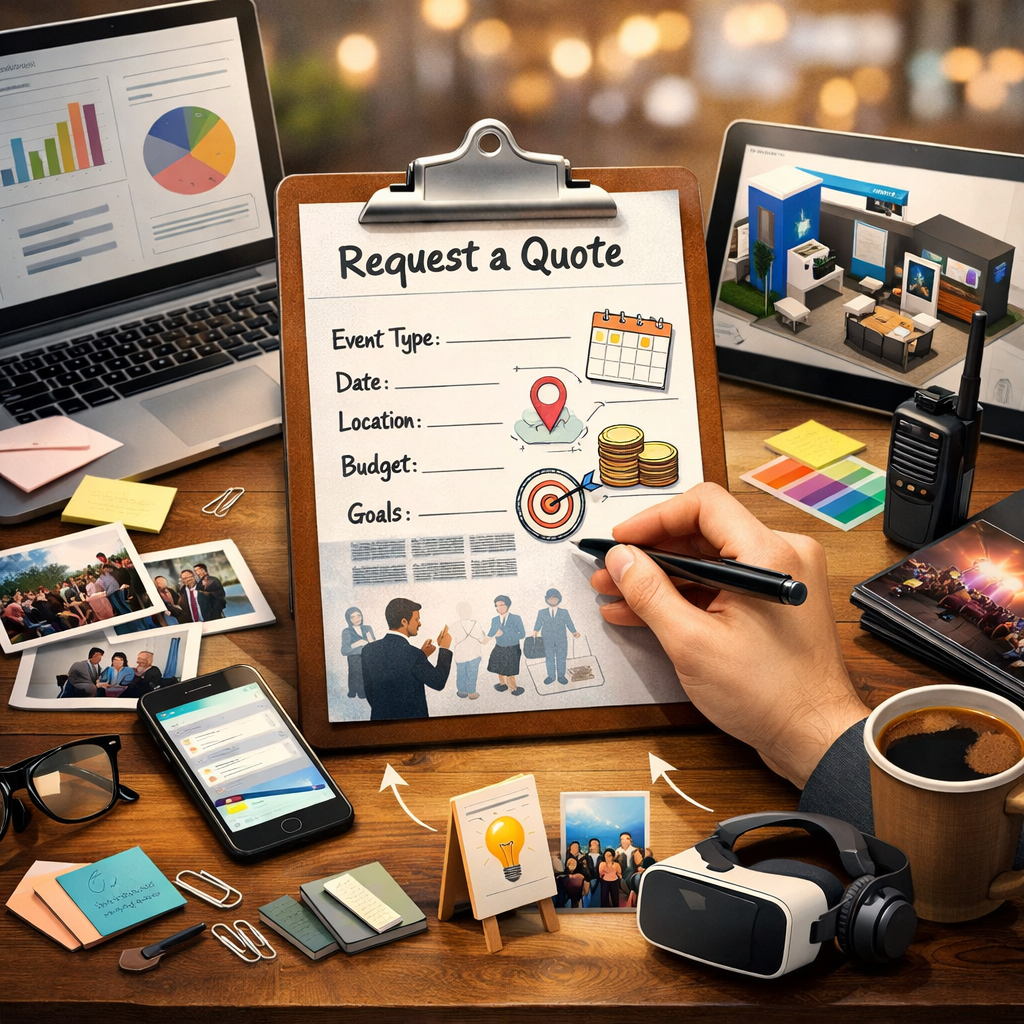 A workspace with a laptop showing charts, a clipboard titled "Request a Quote" with sections for event details, a 3D model of an office. A phone, photos, sticky notes, office supplies, a cup of coffee, and a virtual reality headset are scattered on the desk, illuminated by warm lighting.
