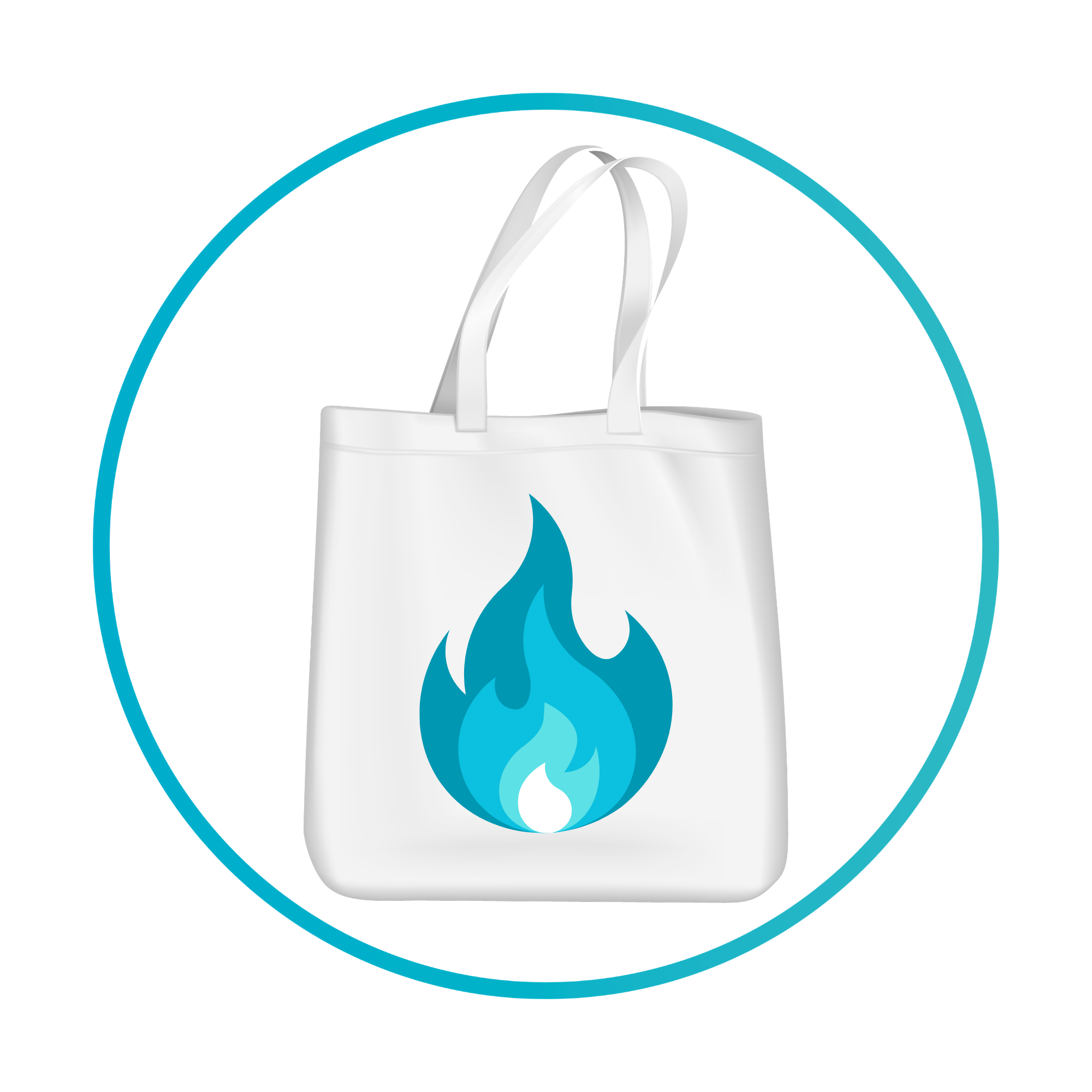 White tote bag with a blue flame logo in the center, surrounded by a blue circular frame.