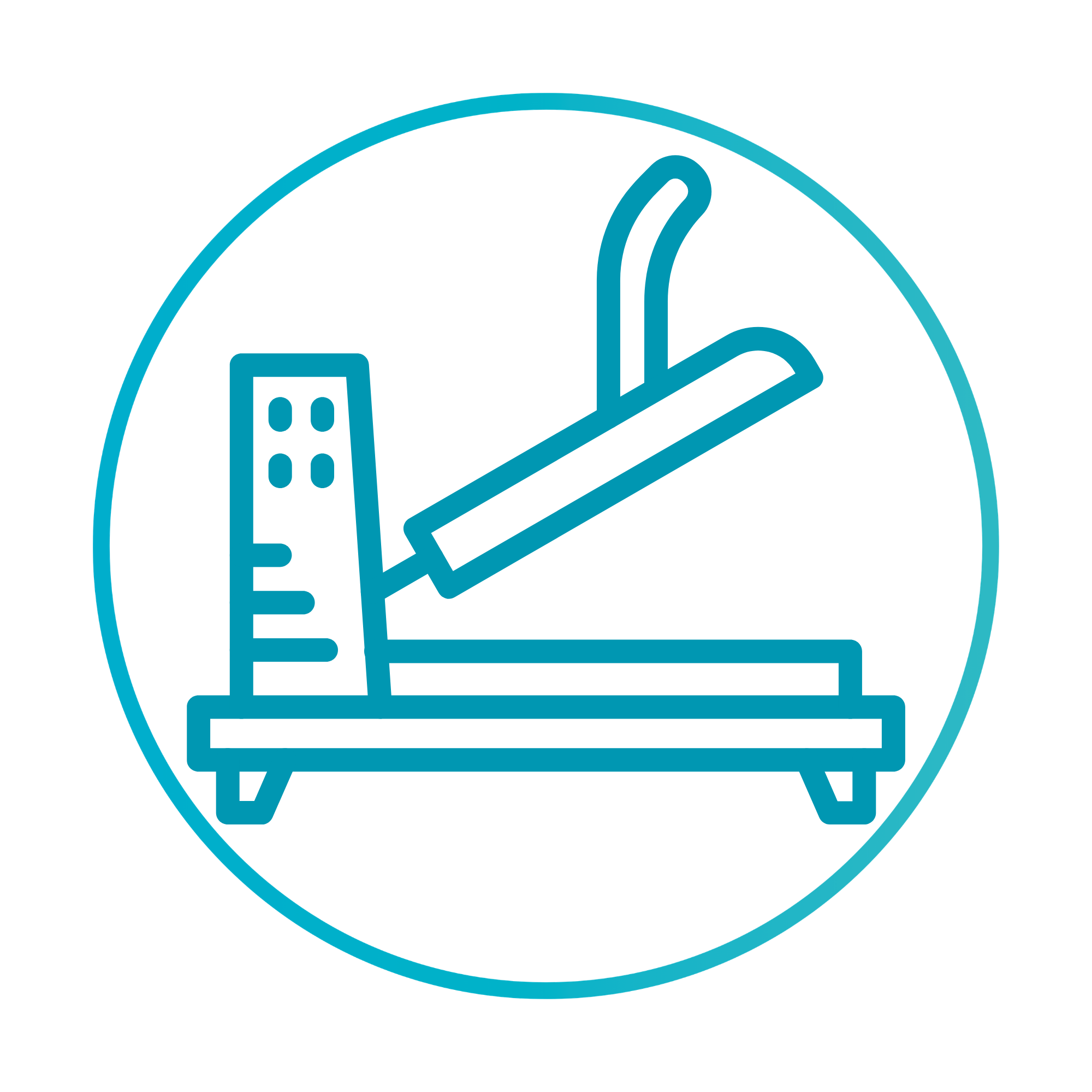 Line drawing of a ping pong paddle, ball, and a net on a table, all enclosed in a circle.