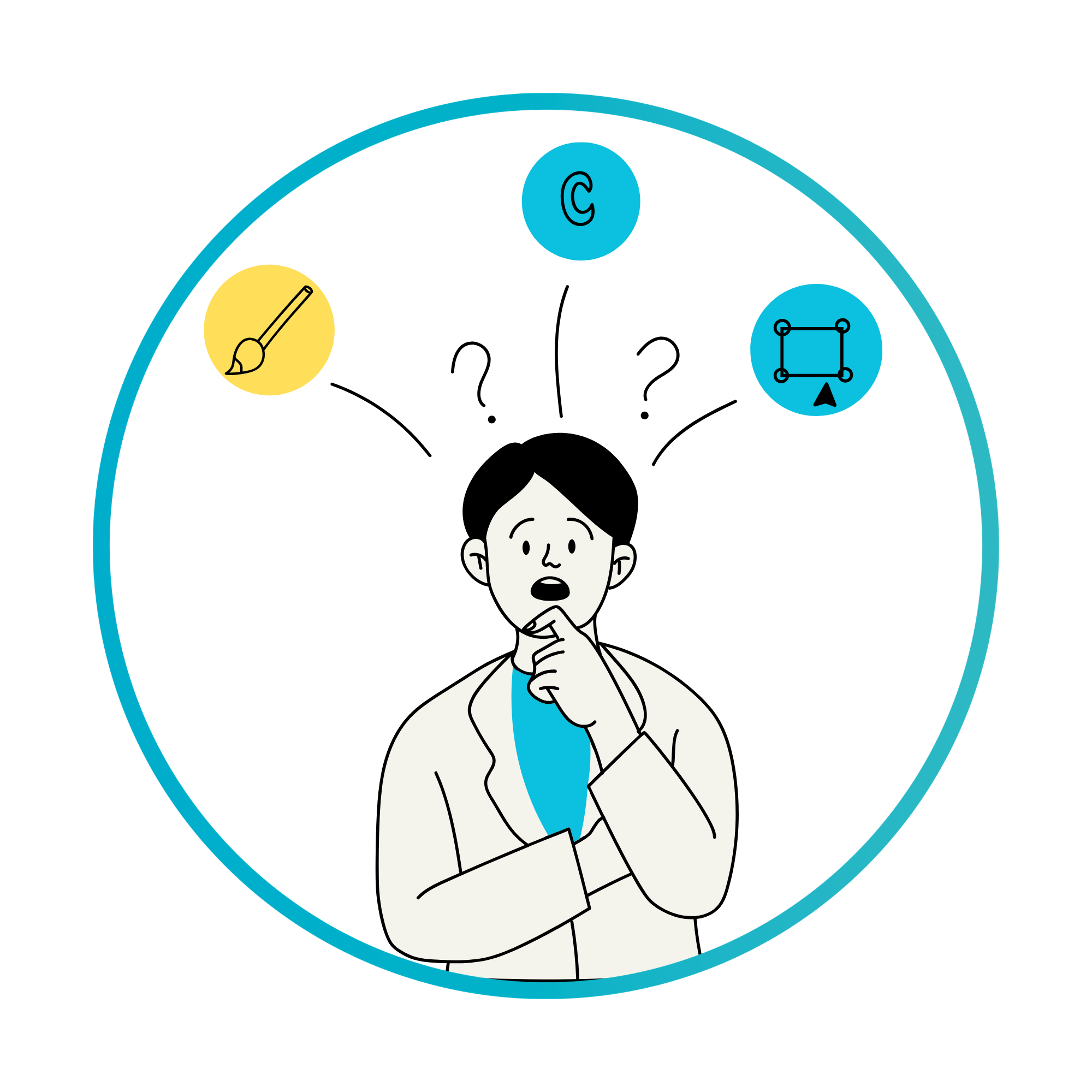 A person thinking with a hand on their chin, standing in front of a computer screen displaying design tools.